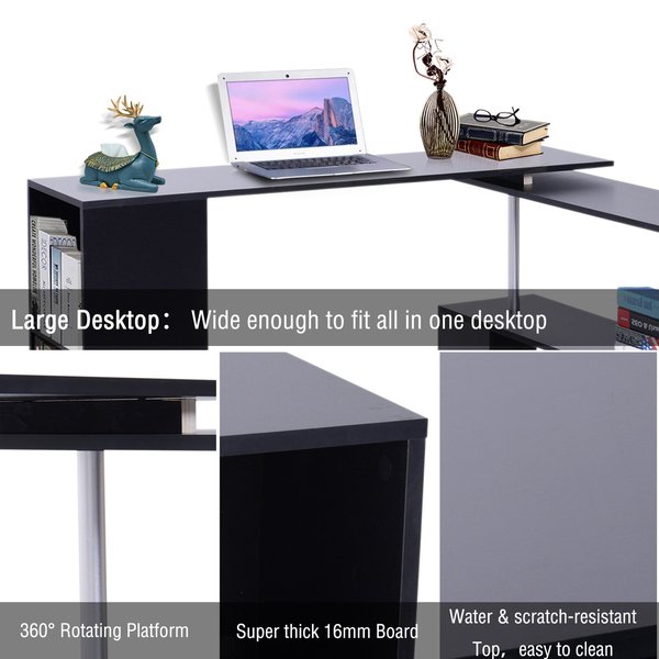 Corner Computer Desk Modern L-Shaped Workstation W/ 2-Tier Storage - Black