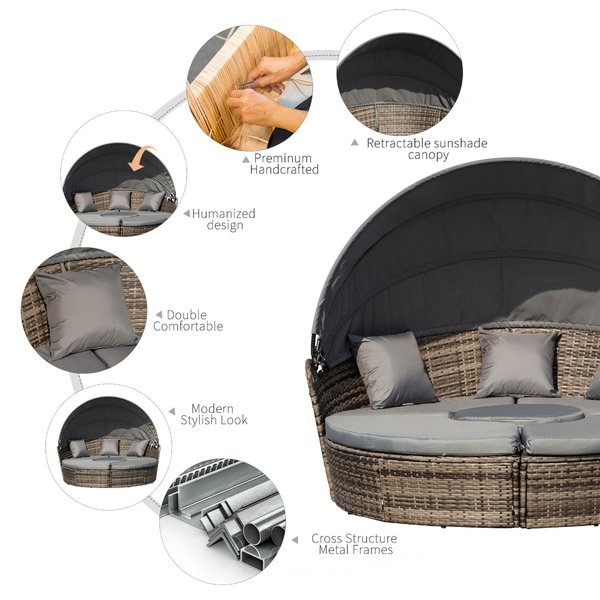 5 PCS Outdoor Plastic Rattan Round Sofa Bed W/ Coffee Table Set - Grey