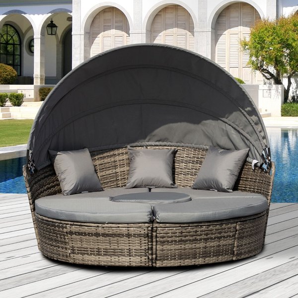 5 PCS Outdoor Plastic Rattan Round Sofa Bed W/ Coffee Table Set - Grey