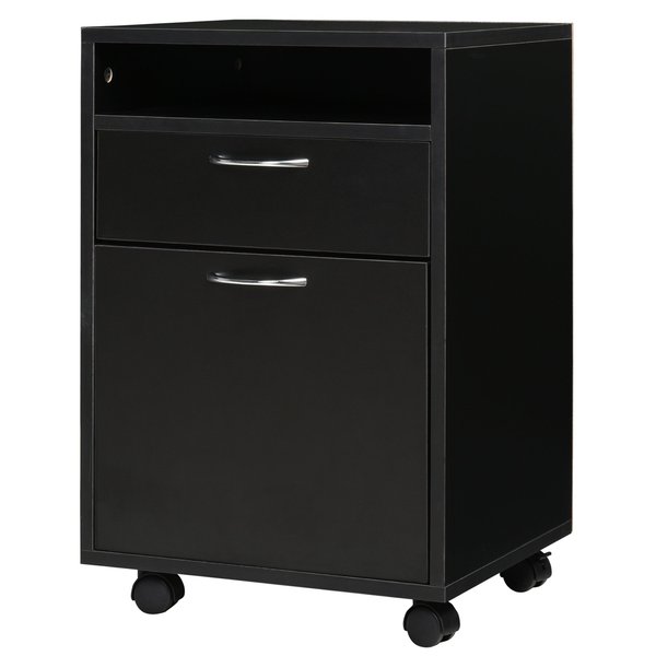 60cm 2-Drawer Office Home Storage Cabinet W/Open Shelf Metal Handles 4 Wheels Black