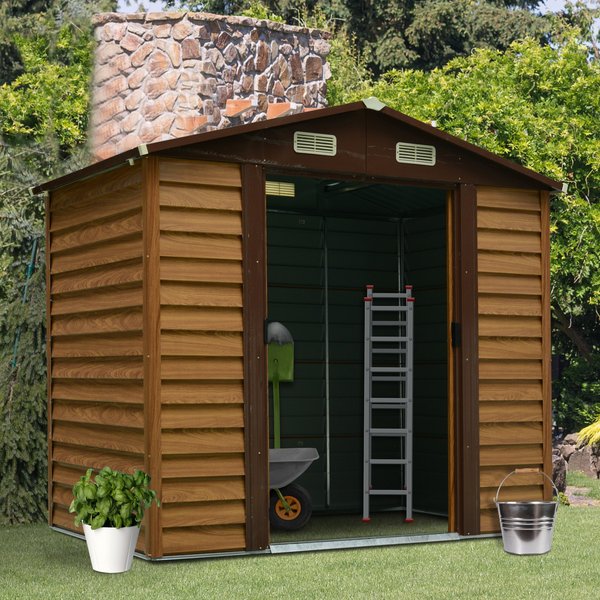7.7 X 6.4 Ft. Slatted Steel Garden Shed And Foundation - Brown