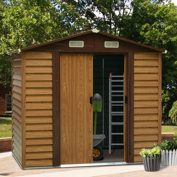 7.7 X 6.4 Ft. Slatted Steel Garden Shed And Foundation - Brown