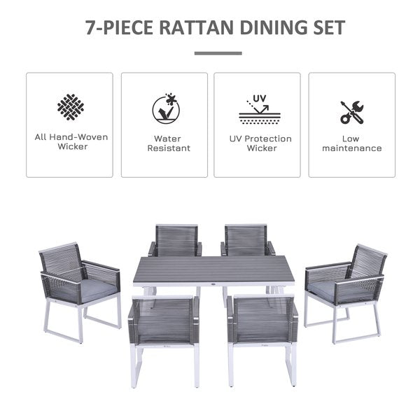7 PCS Dining Set With 6 Rattan Cushioned Chairs And 1 Rectangle Table