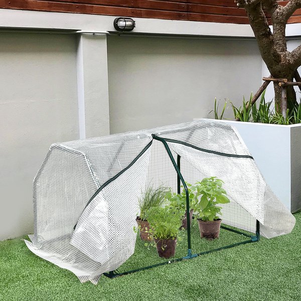 Mesh Cover Steel Frame Outdoor Garden Mini Greenhouse, 99x71x60 Cm - White