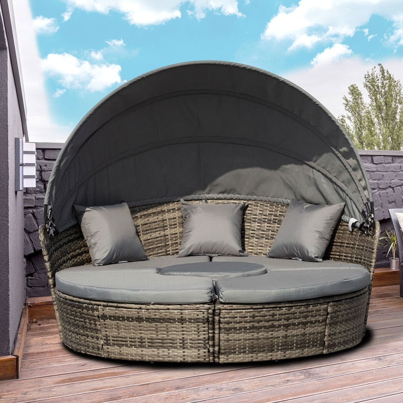 Rattan Garden Furniture Cushioned Wicker Round Sofa Bed With Coffee Table Patio Conversation Set - Grey