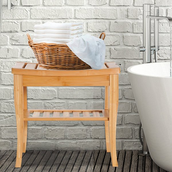 Bamboo Bathroom Shower Bench W/ Lower Shelf