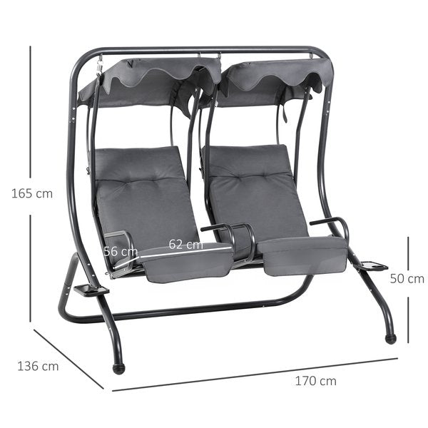 Canopy Swing 2 Separate Relax Chairs W/ Handrails, Cup Holders - Dark Grey