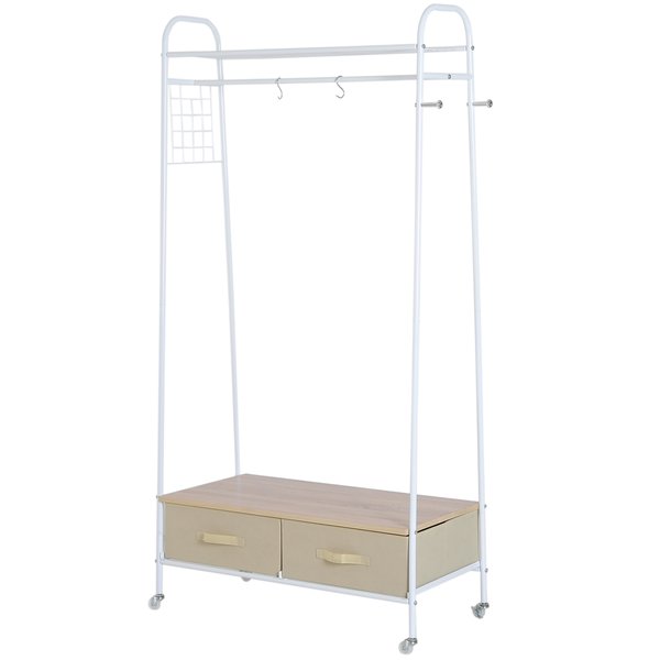 Clothes Rack Stand W/ 2 Drawers Wheels, Metal - White With Beige