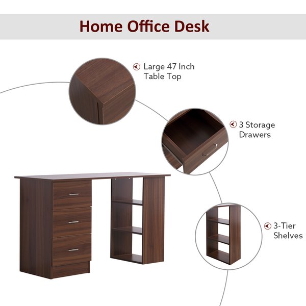 Computer Desk W/ 3 Shelf& Drawers, 120Wx49Dx72H cm.- Walnut Colour