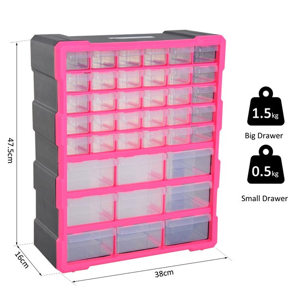 38Lx16Dx47.5H Cm. 39 Drawer Storage Cabinets, Plastic - Pink