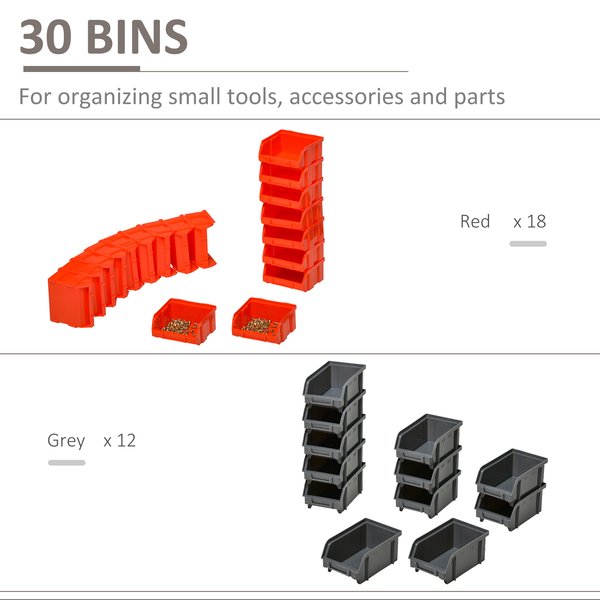 Wall Mounted 30-Compartment Tool Hardware Organiser - Red/Grey