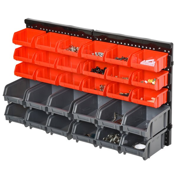 Wall Mounted 30-Compartment Tool Hardware Organiser - Red/Grey