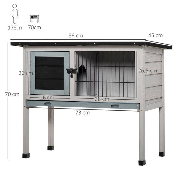 Elevated Fir Wood Rabbit Hutch Tray Openable Asphalt Roof Outdoor Pet Cage- Grey