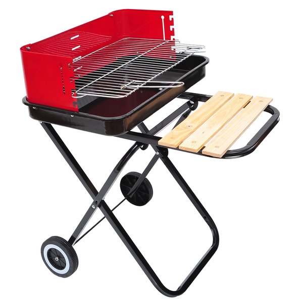 Foldable Trolley Barbecue Grill W/ Wheels - Red And Black