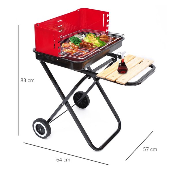 Foldable Trolley Barbecue Grill W/ Wheels - Red And Black