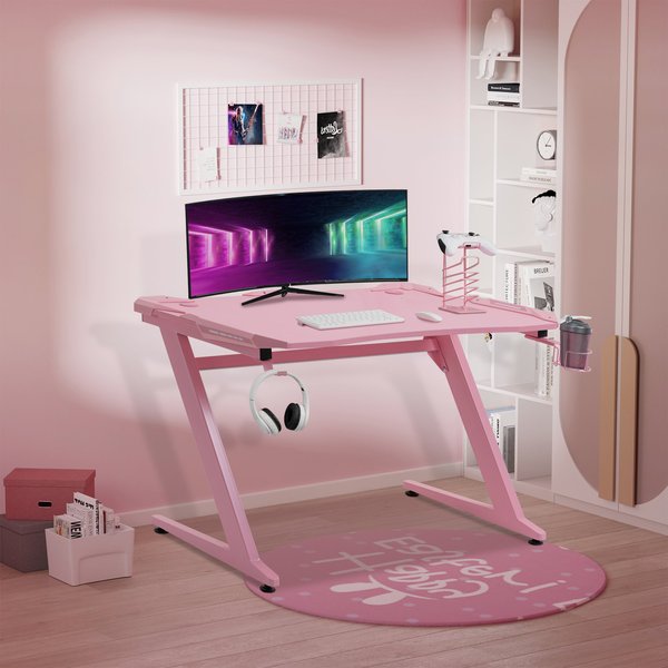 Gaming Computer Desk w/ Cup Holder, Headphone Hook,  - Pink