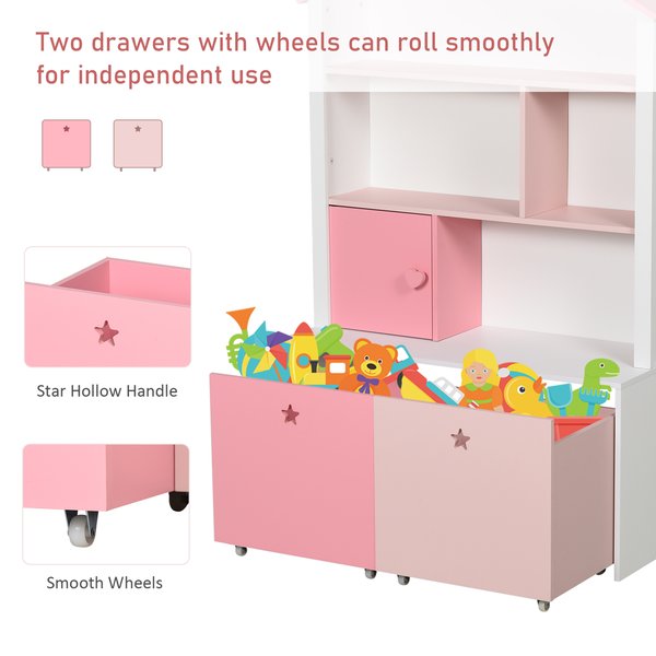 Kids Bookshelf Chest W/ Drawer Wheels Baby Toy Wood Organizer Display Stand