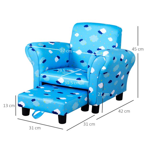 Kids Polyester Upholstered Clouds Armchair W/ Footrest - Blue