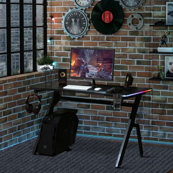 LED Ergonomic Gaming Desk Computer Table With Cup Holder & Cable Management - Black