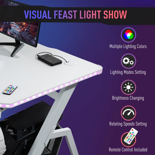 LED Ergonomic Gaming Desk Computer Table With Cup Holder Cable Management, White
