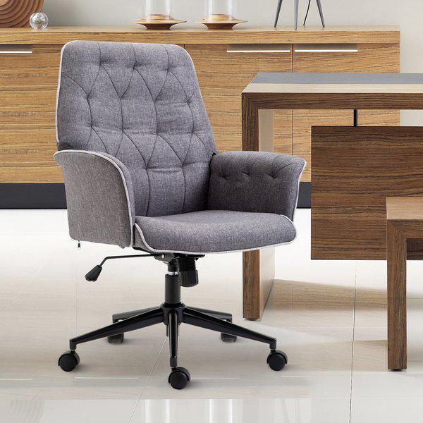 Linen Back Office Chair W/ Armrest And 360° Swivel Base - Grey