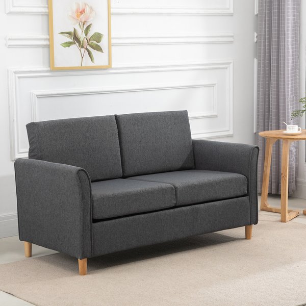 Linen Upholstery 2-Seater Sofa Floor Living Room Furniture W/Armrest Wooden Legs Dark Grey