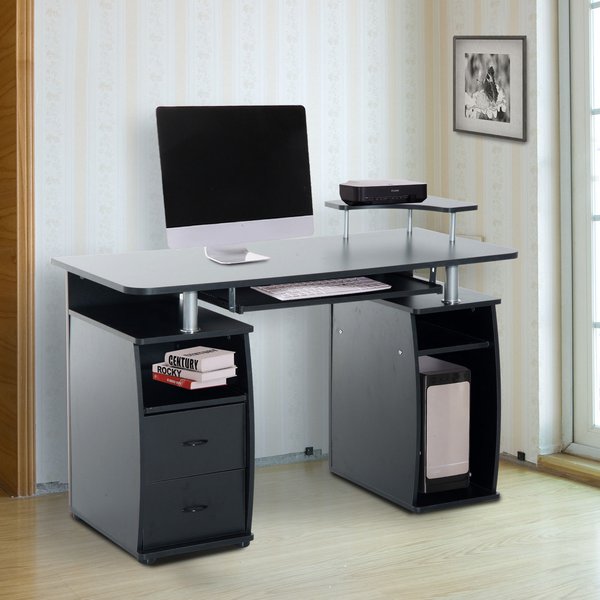 Multi-Level Home Office Workstation Computer Desk With Drawers- Black ...