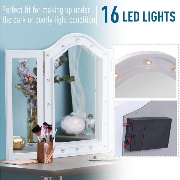 MDF Tri-Fold LED Vanity Mirror W/ 16 Spotlights - White