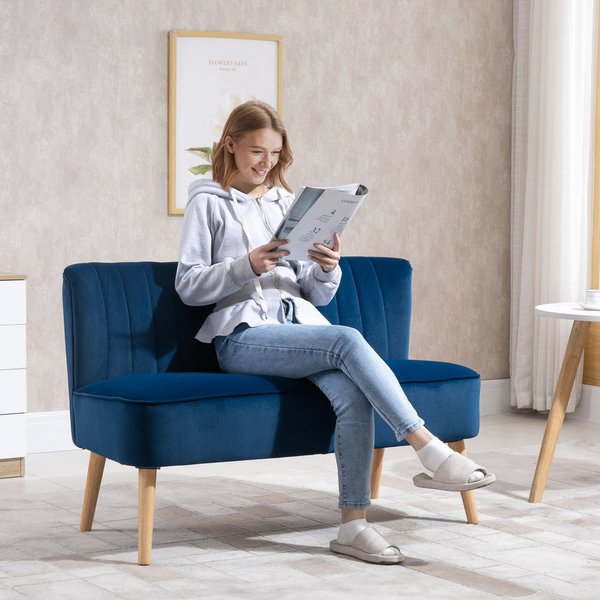 Modern Double Seat Sofa W/ Wood Frame Foam Padding High Back Comfortable - Blue