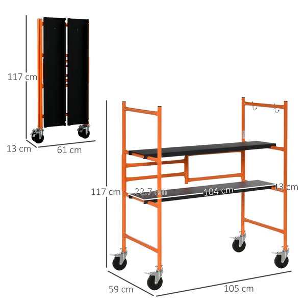 Multi-Purpose Step Scaffolding Ladder W/ Wheels, Adjustable Working Platform - Black/Orange