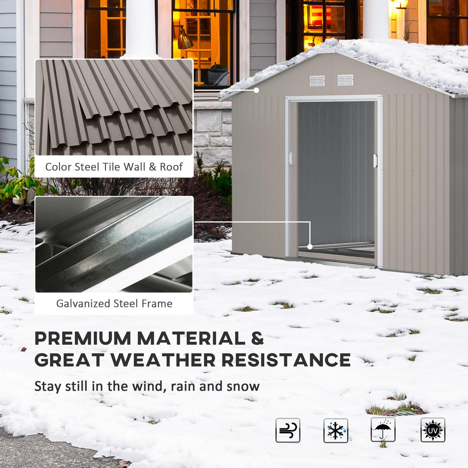 Garden Metal Storage Shed Outdoor With Foundation Ventilation And Doors, Light Grey (13 X 11)ft