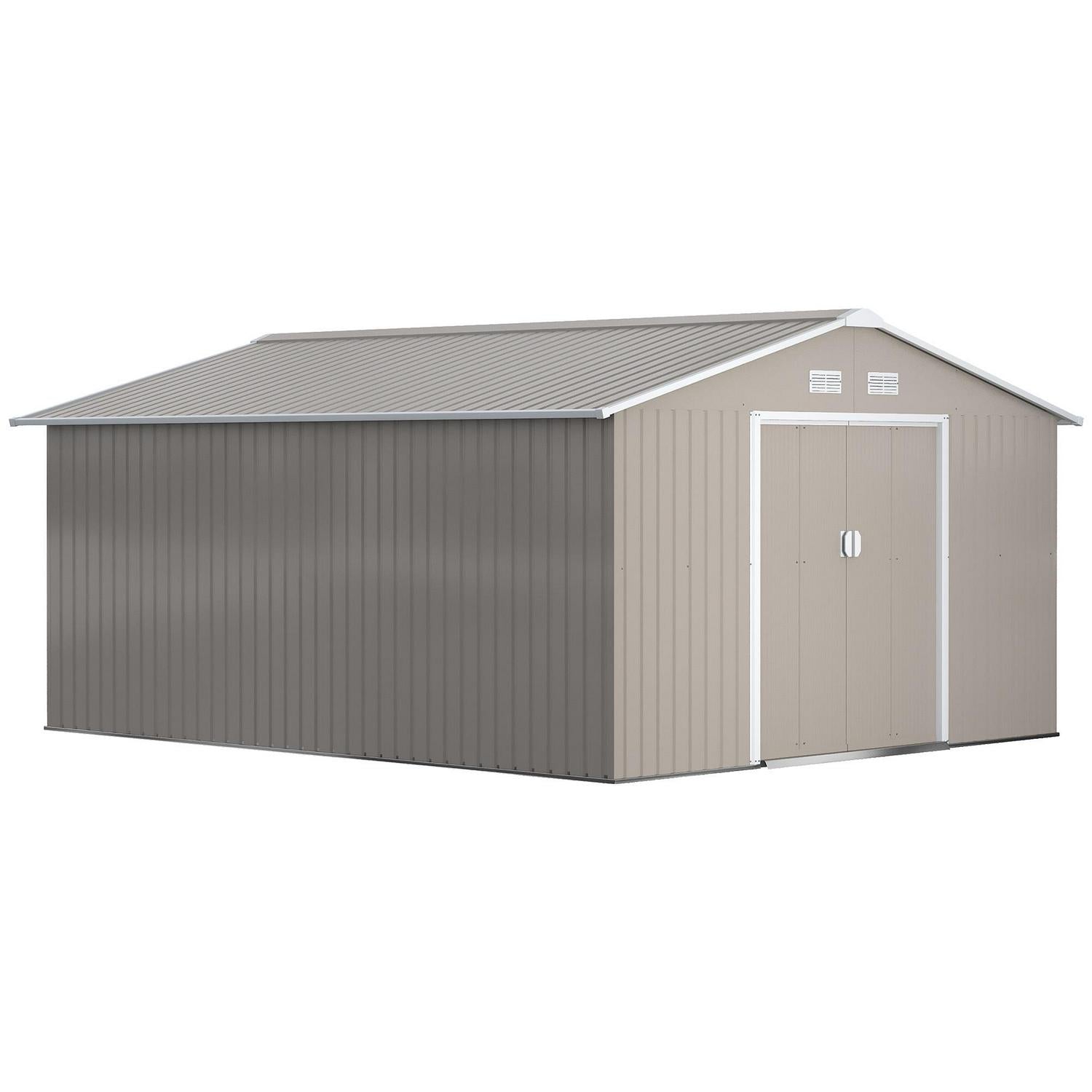 Garden Metal Storage Shed Outdoor With Foundation Ventilation And Doors, Light Grey (13 X 11)ft
