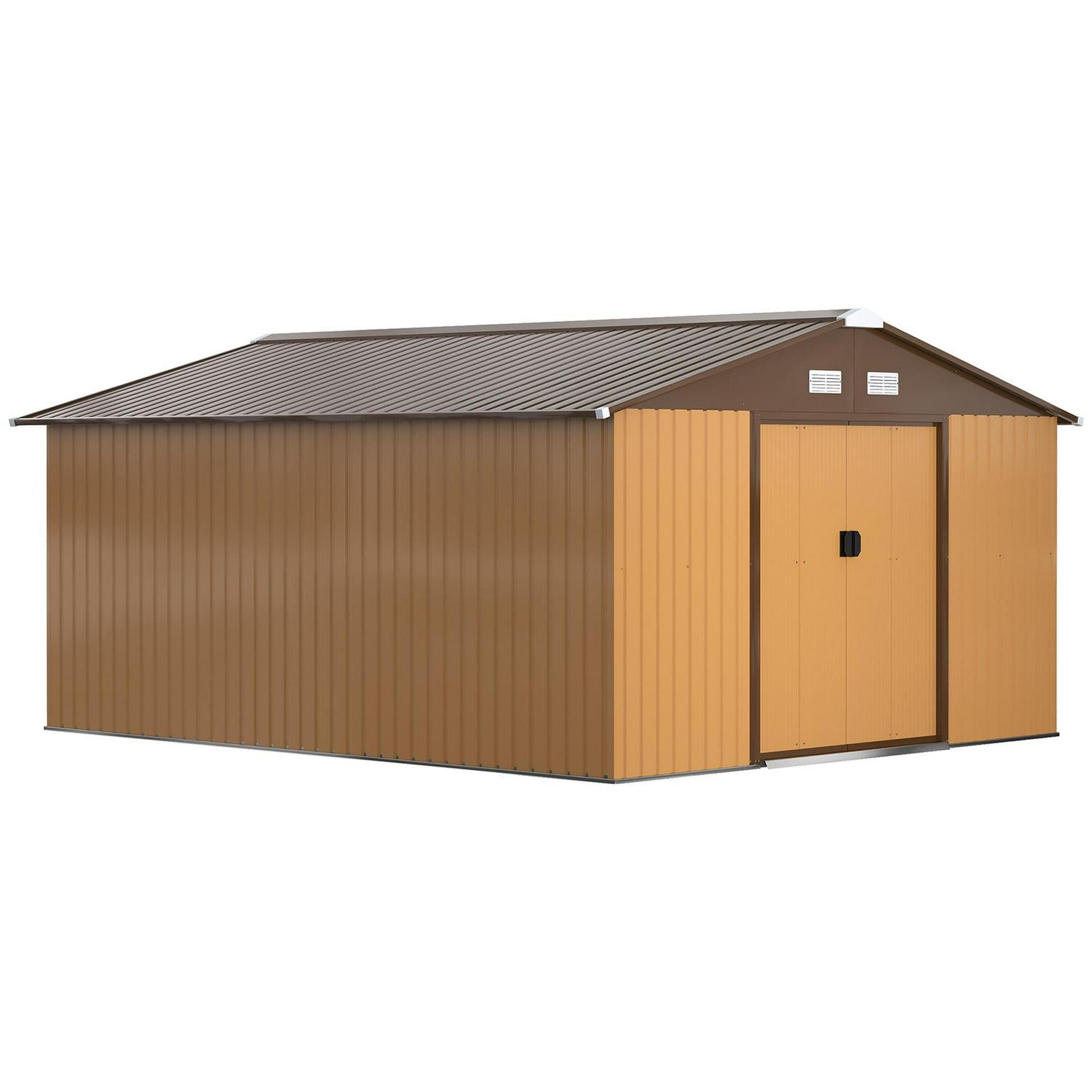 Outdoor Garden Roofed Metal Storage Shed Tool Box With Foundation Ventilation And Doors Yellow 13ft X 11ft