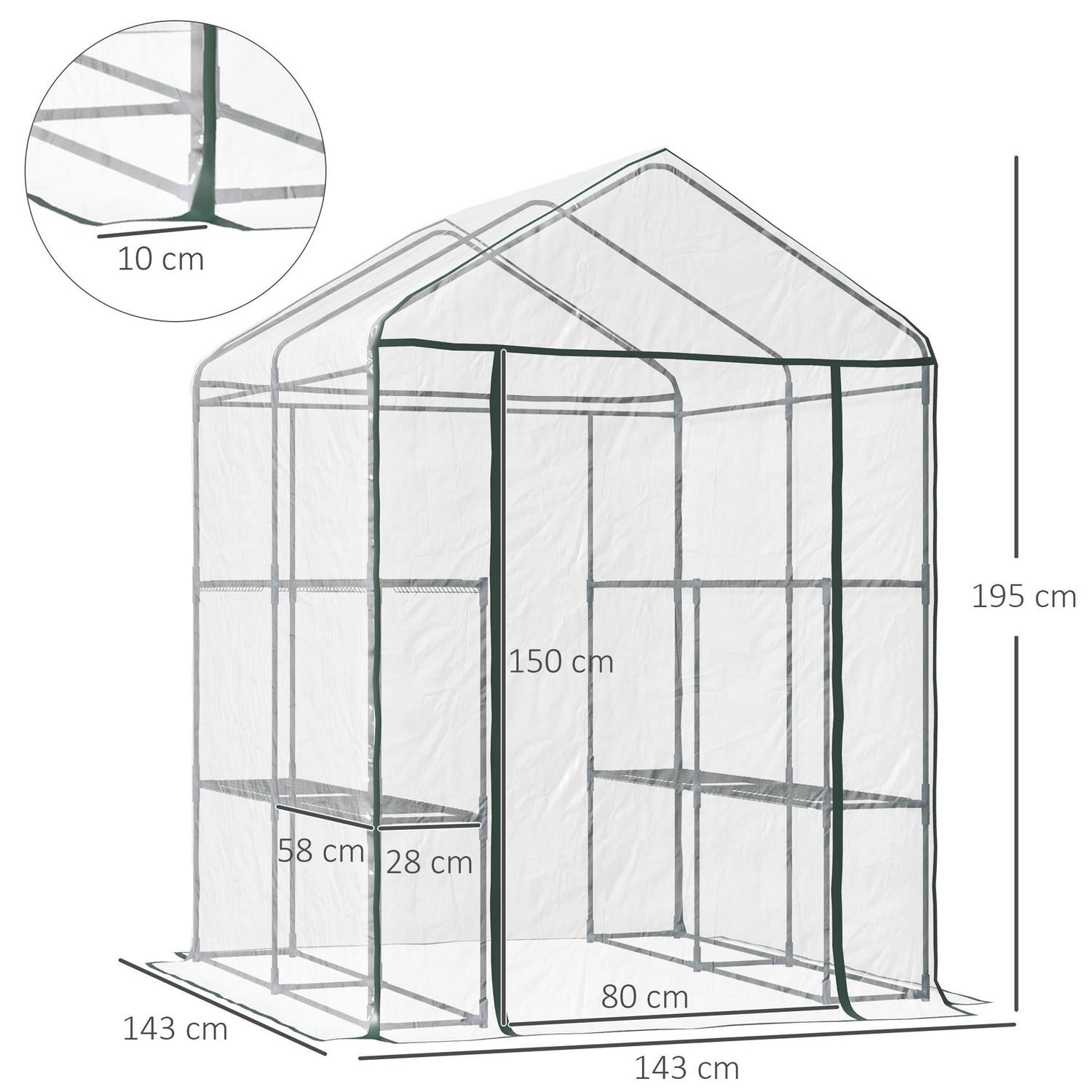 Walk In Steel Frame Greenhouse, 2 Shelves - Transparent