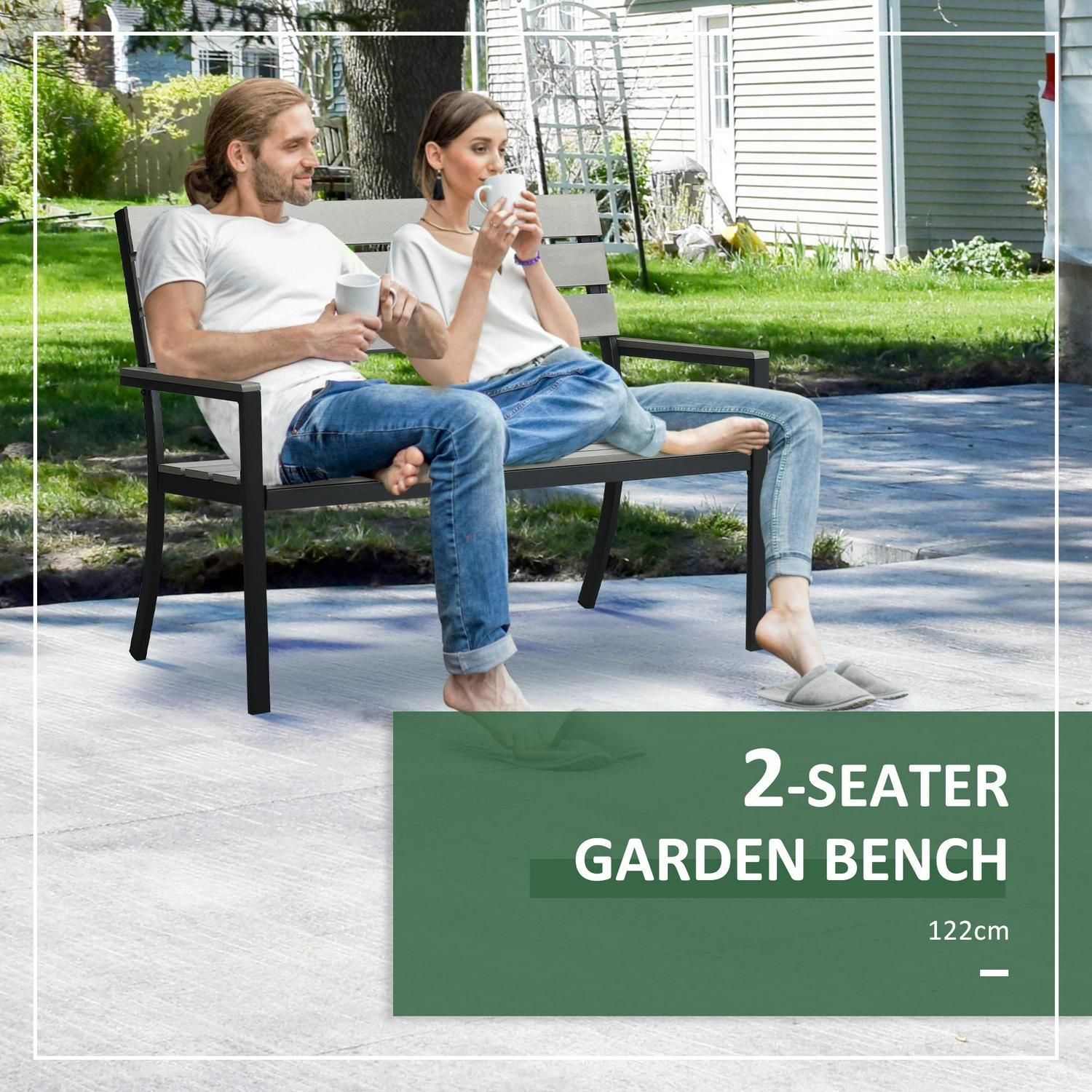 2 Seater Garden Bench, Slatted Outdoor With Steel Frame, Loveseat, (122 X 65 X 92) Cm, Grey