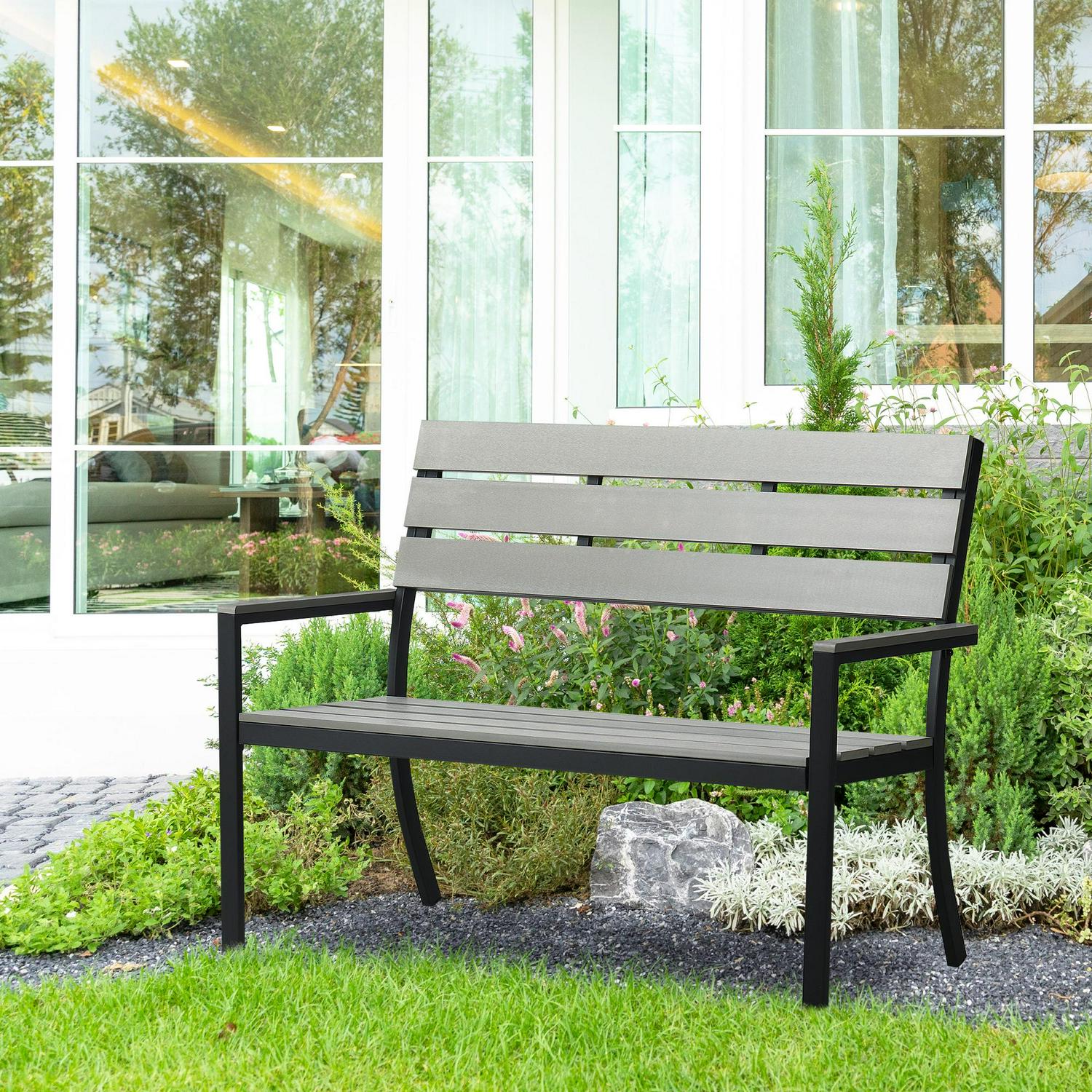 2 Seater Garden Bench, Slatted Outdoor With Steel Frame, Loveseat, (122 X 65 X 92) Cm, Grey