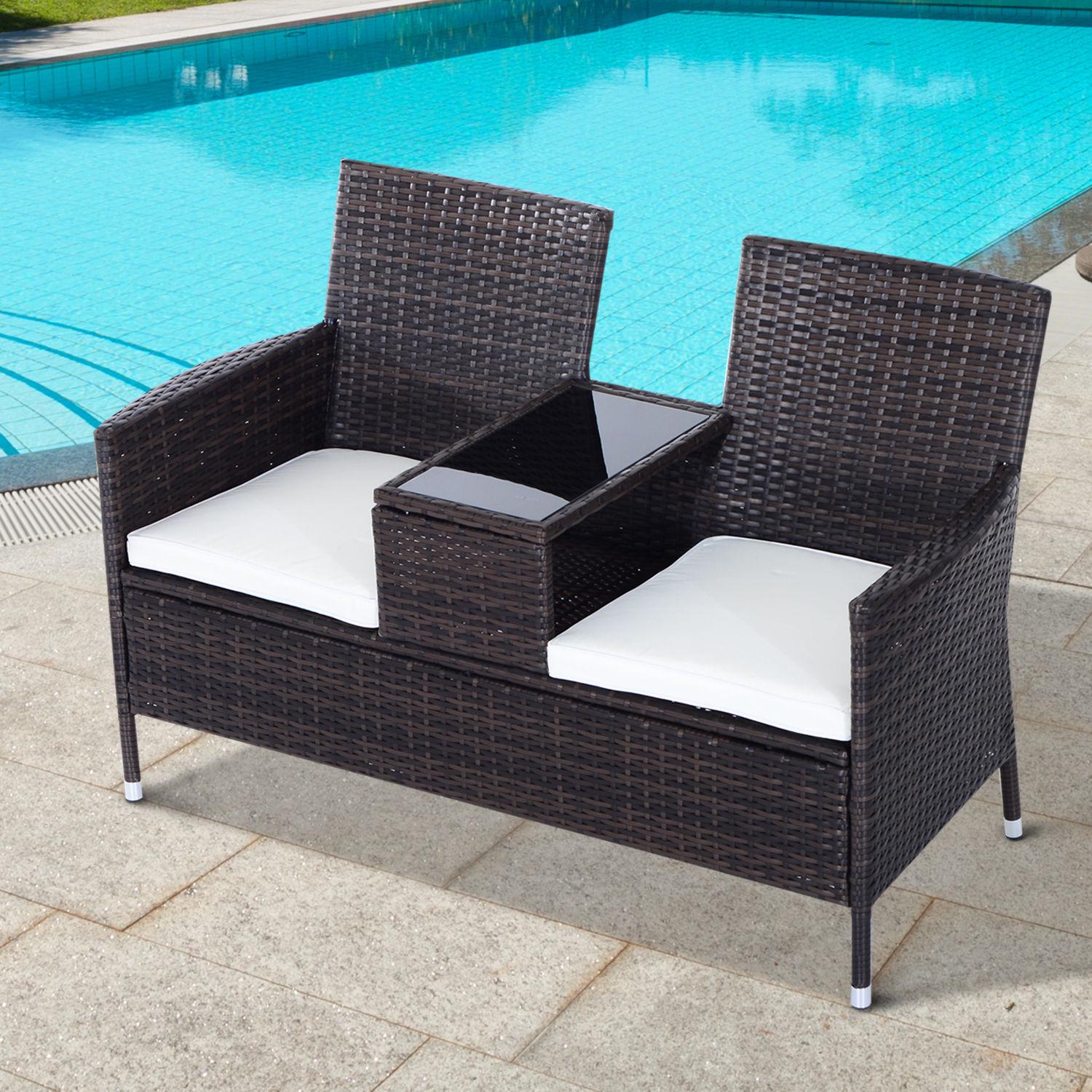 2-Seater Rattan Chair Furniture Set W/ Middle Tea Table-Brown