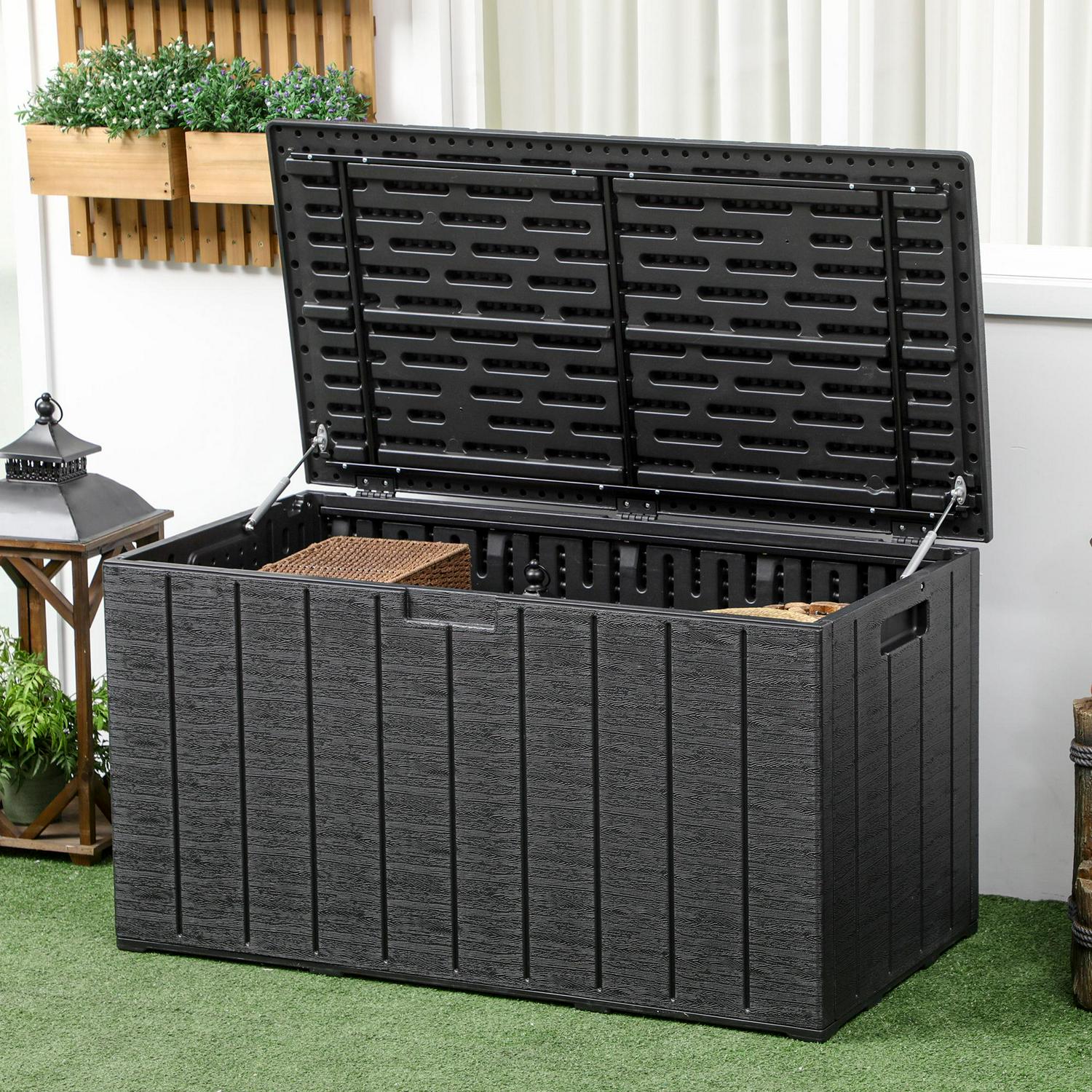 336 Litre Extra Large Outdoor Garden Storage Box, Water-resistant Heavy Duty Double Wall Plastic Container, Furniture Organizer, Black