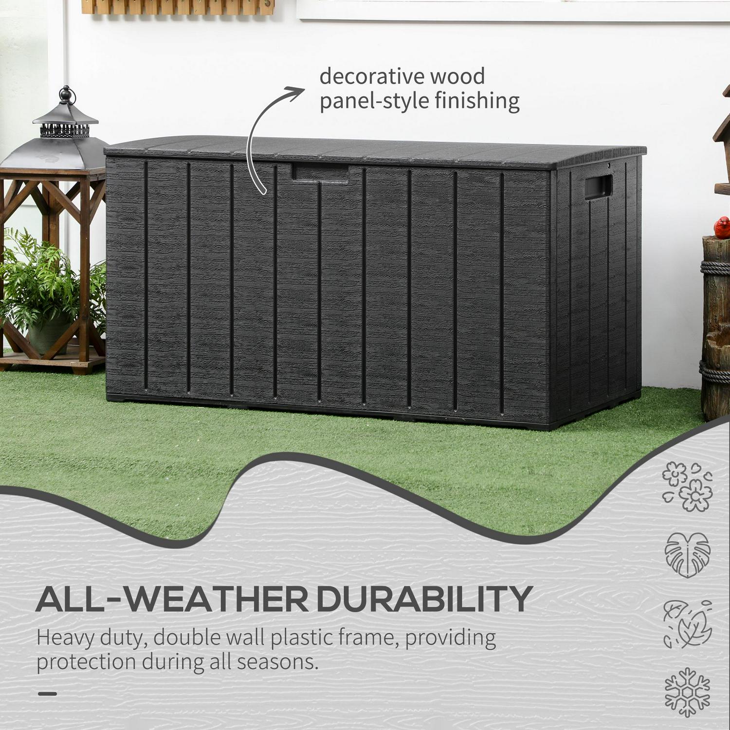 336 Litre Extra Large Outdoor Garden Storage Box, Water-resistant Heavy Duty Double Wall Plastic Container, Furniture Organizer, Black