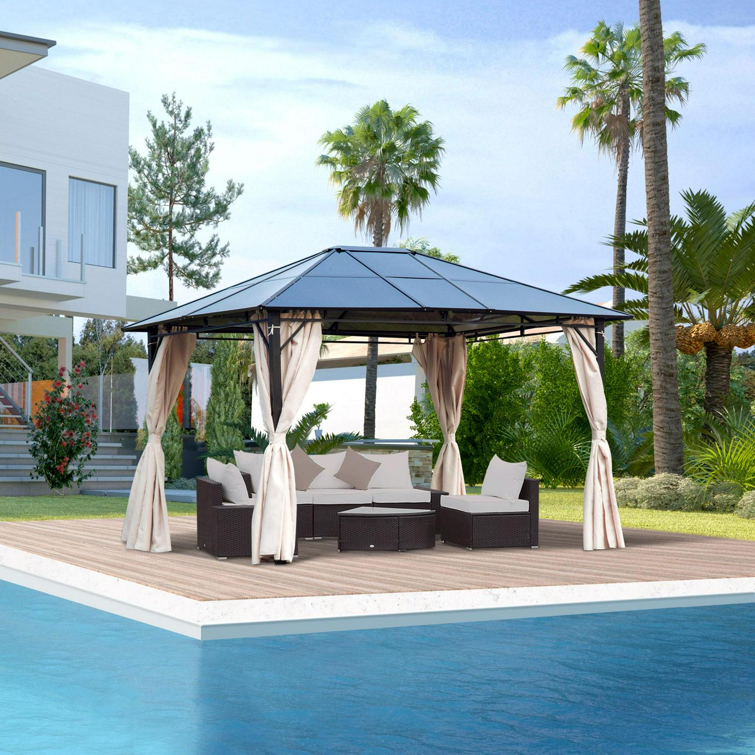 Hardtop Gazebo Canopy With Polycarbonate Roof - Brown