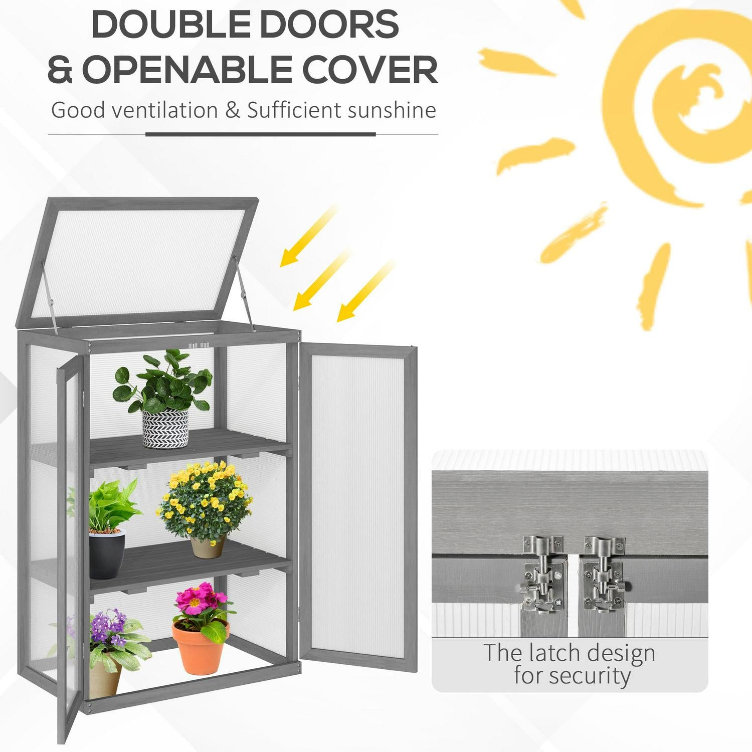 3-tier Wood Greenhouse Garden Polycarbonate Cold Frame Grow W/ Storage Shelf For Plants, Flowers, Dark Grey