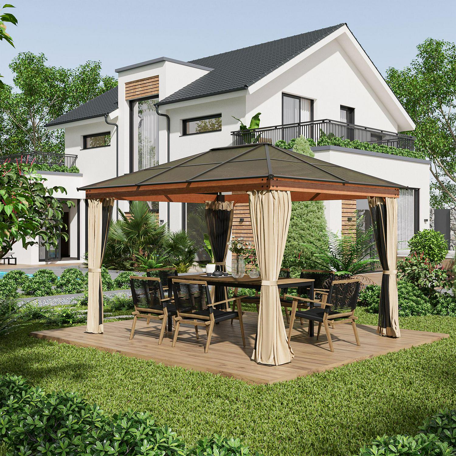 Hardtop Gazebo Canopy With Polycarbonate Roof-Khaki