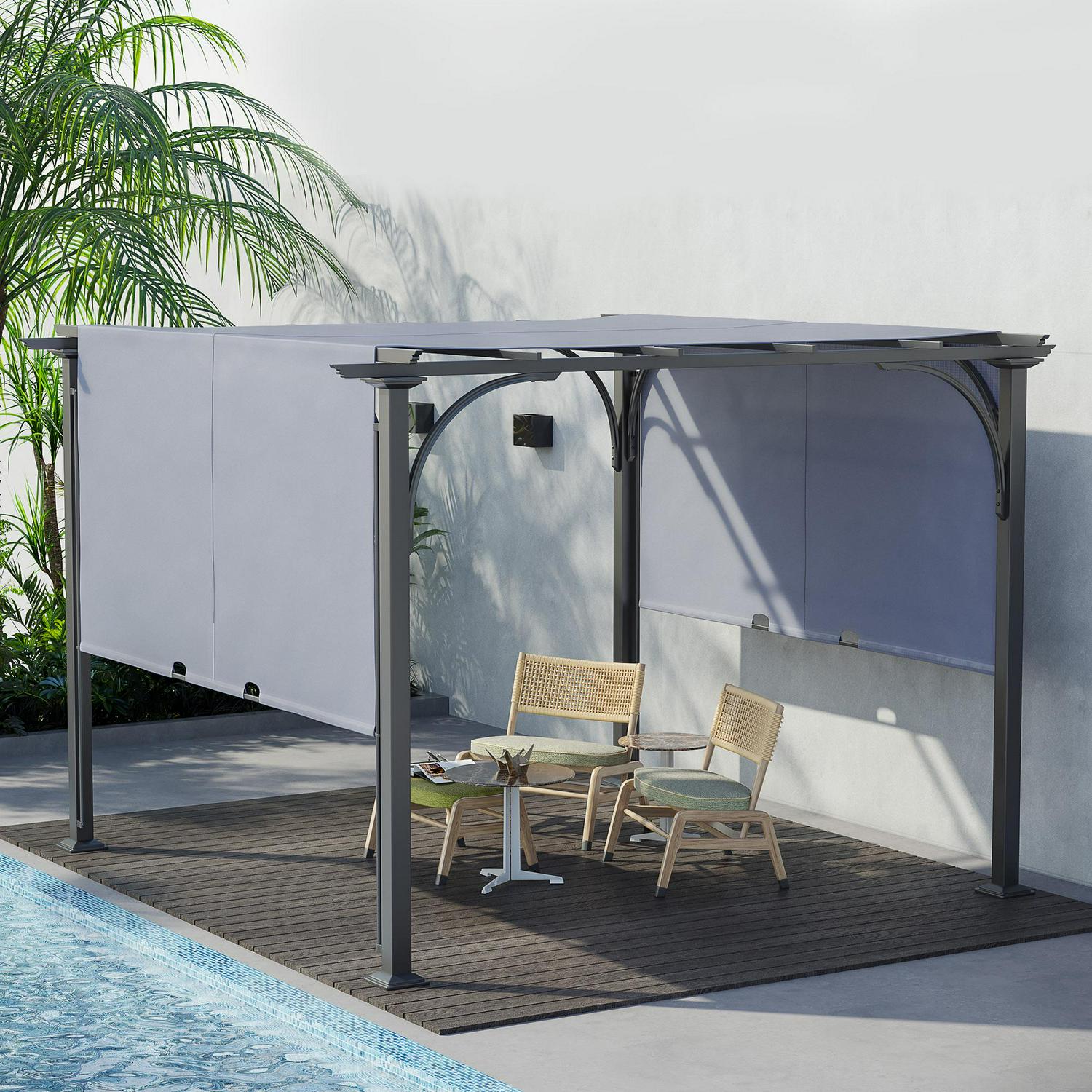 Garden Pergola, Outdoor Retractable Gazebo With Adjustable Canopy- Grey