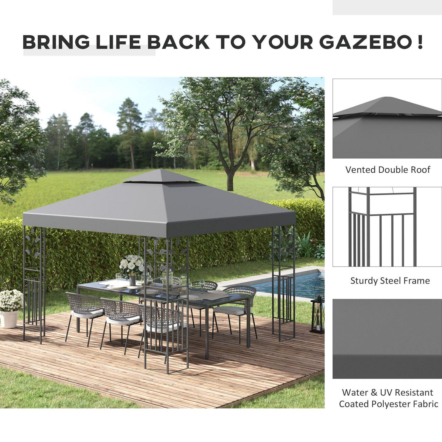 Outdoor Steel Gazebo With 2 Tier Roof- Grey