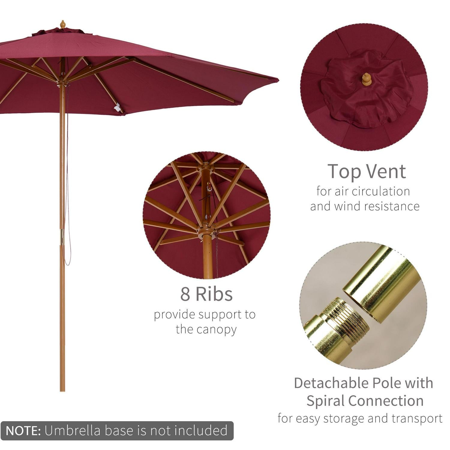 Bamboo Wooden Market Patio Umbrella - Wine Red