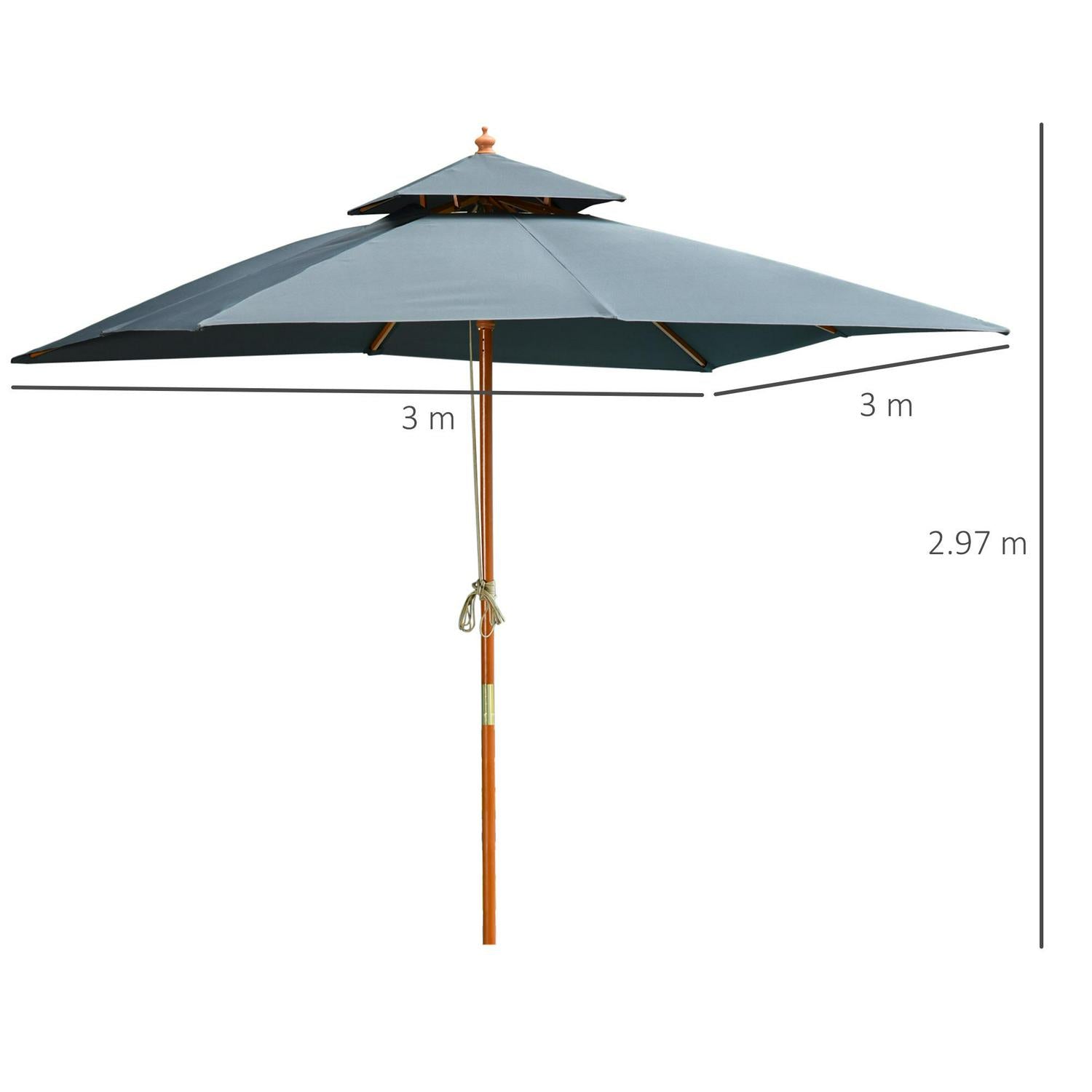 Wood Square Patio Umbrella Market Parasol Sunshade Canopy Dark Grey