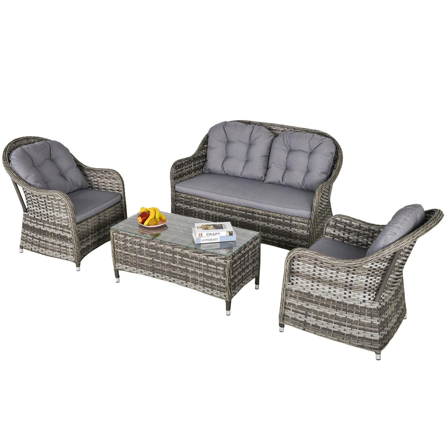 4-Seater PE Rattan Wicker Sofa Set Outdoor Conservatory Furniture W/ Cushion
