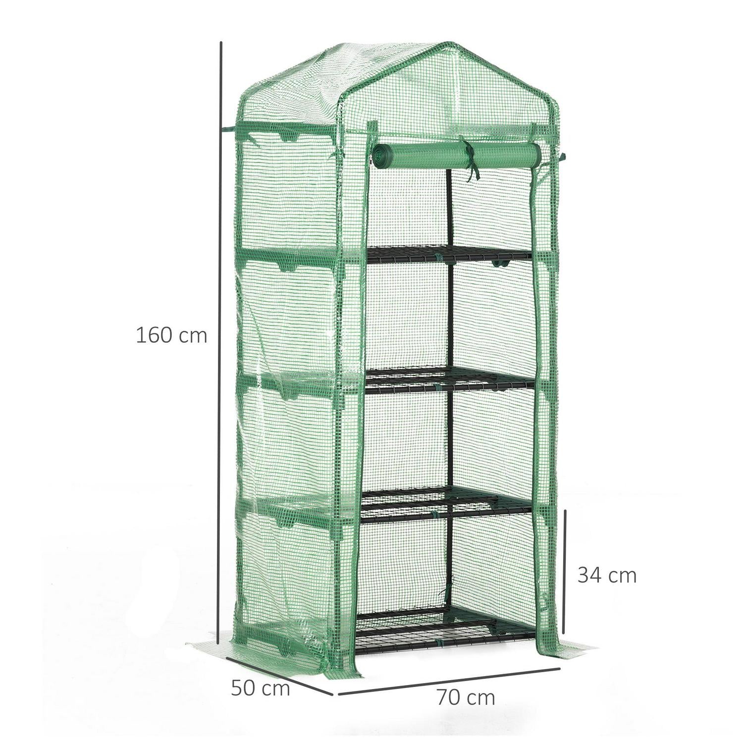 4 Tier Mini Greenhouse, Portable With Steel Frame, PE Cover, Roll-up Door, 69 X 50 160 Cm, Green