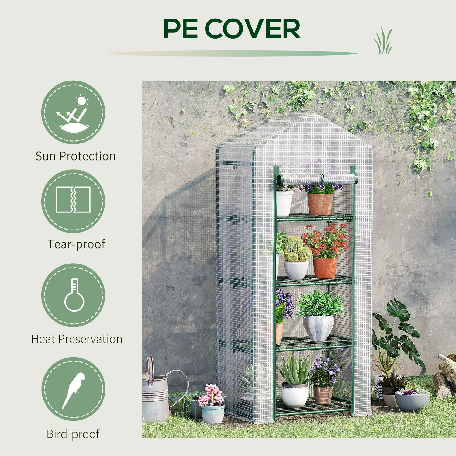 4-Tier Portable Greenhouse Plant Shed With PE Cover Roll-up Door, White