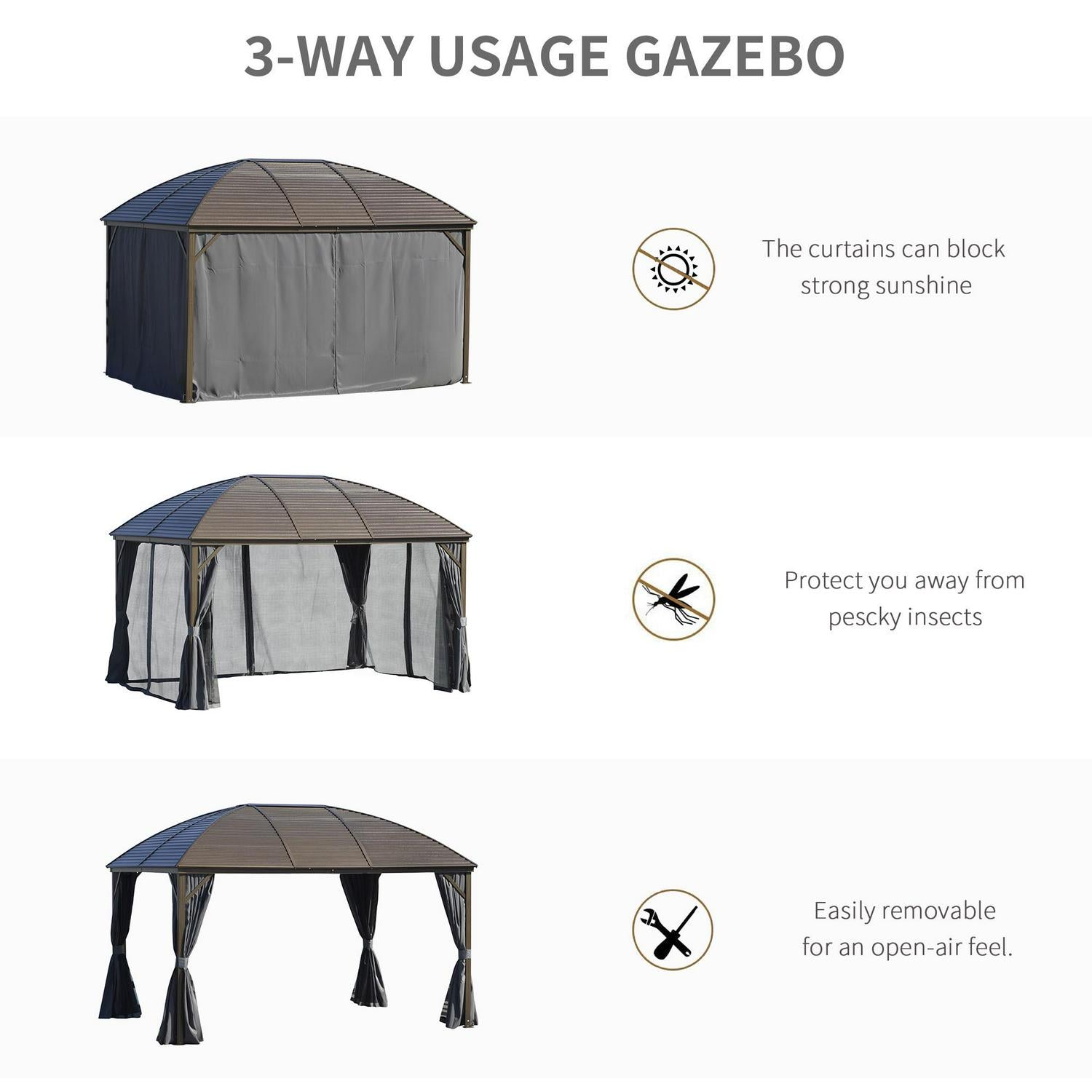 Patio Aluminium Gazebo Hardtop Metal Roof Canopy Party Tent - Dark Grey